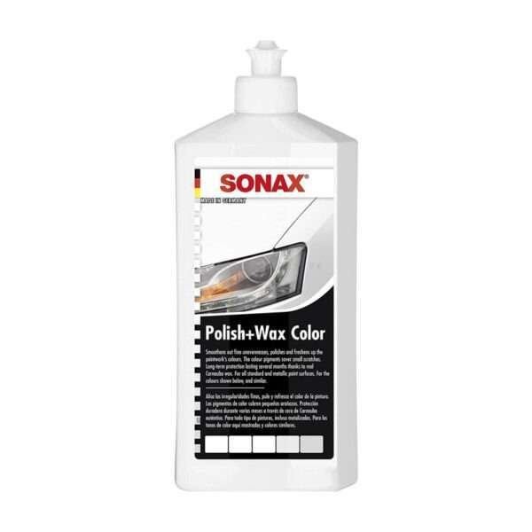 SONAX Polish and Wax applied on a car’s surface for a mirror-like finish.