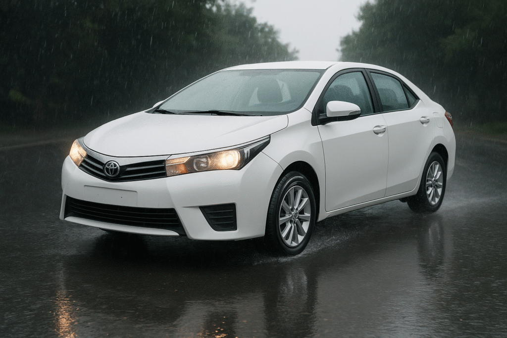 White Toyota Corolla 2016 driving on a rain-soaked road with headlights on, showcasing Dunlop 205/55R16 tyres and strong wet grip performance.