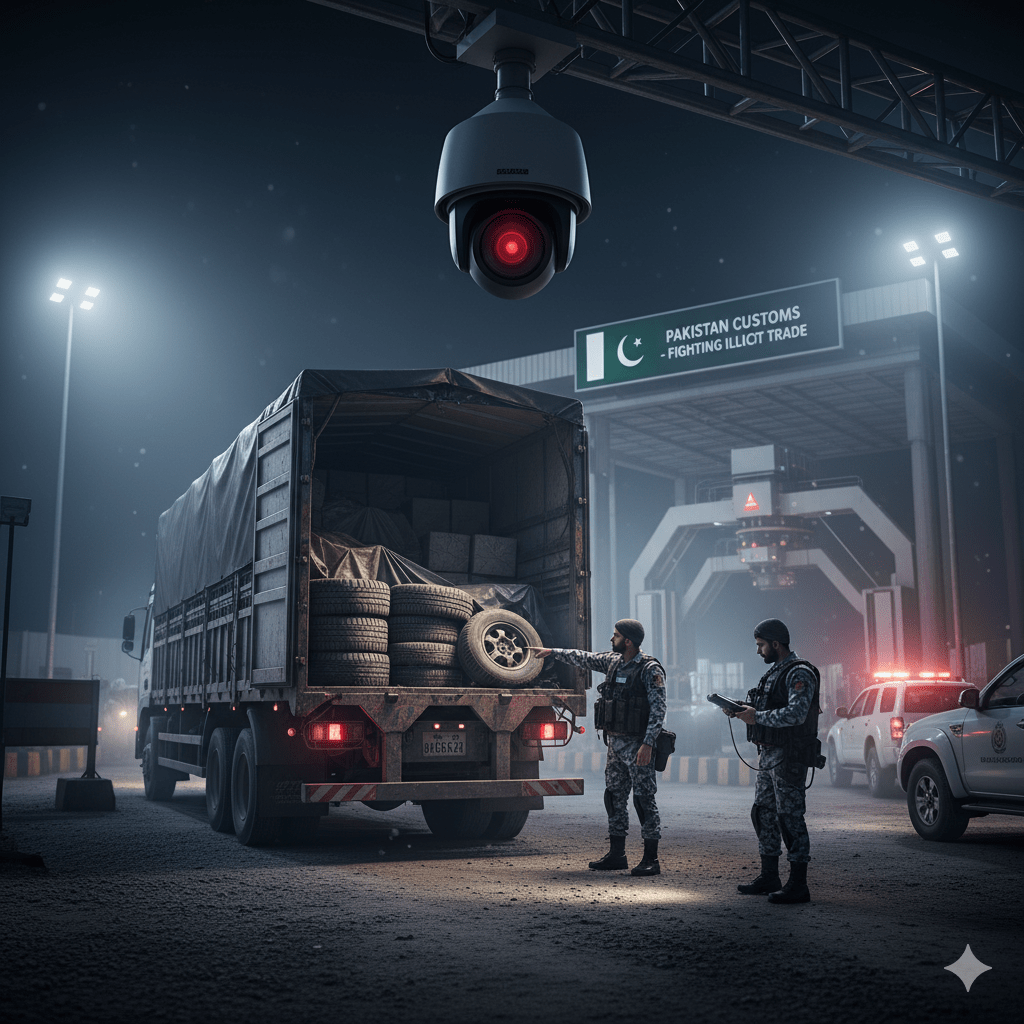 (Border Patrol & Checkpoint): A realistic, dramatic night scene at a Pakistan Customs border checkpoint, showing security officers in uniform inspecting tires loaded onto a cargo truck under the gaze of a surveillance camera, highlighting anti-smuggling enforcement efforts.