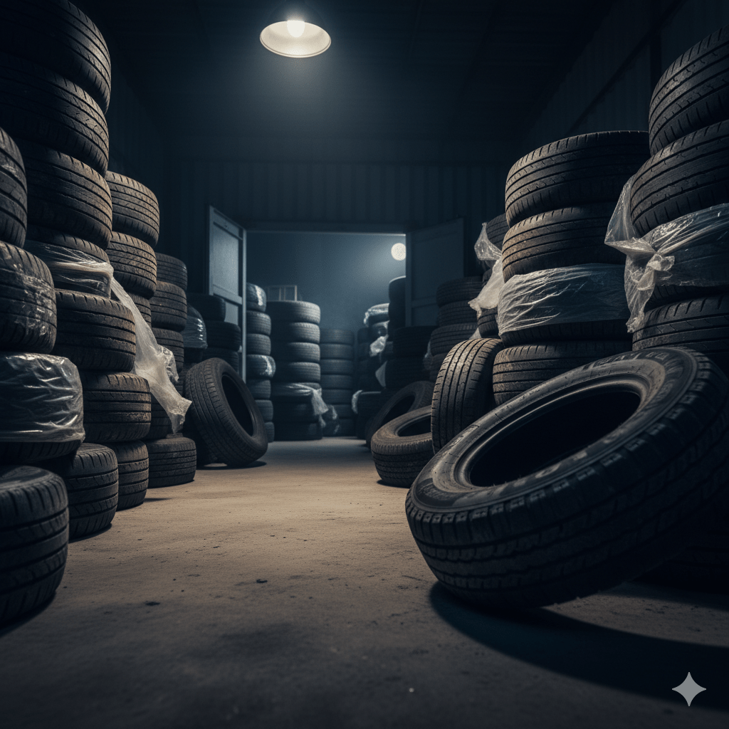 (The Smuggled Stash): A dynamic, low-angle shot inside a dark, clandestine warehouse filled with high stacks of tires, some loosely wrapped in plastic, symbolizing the irregular storage and hidden nature of smuggled goods.